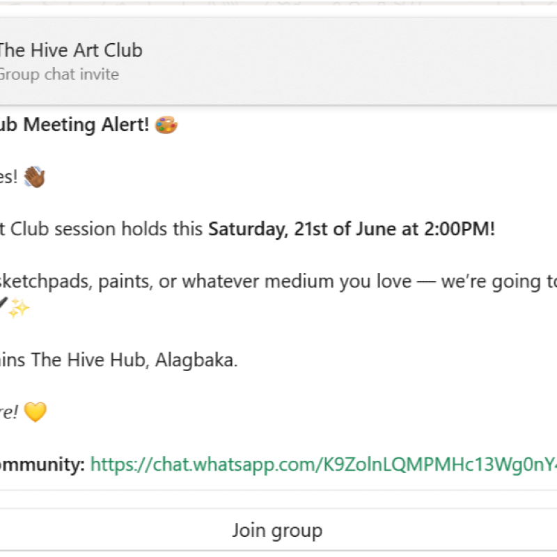 Hive Art Club Meeting alert